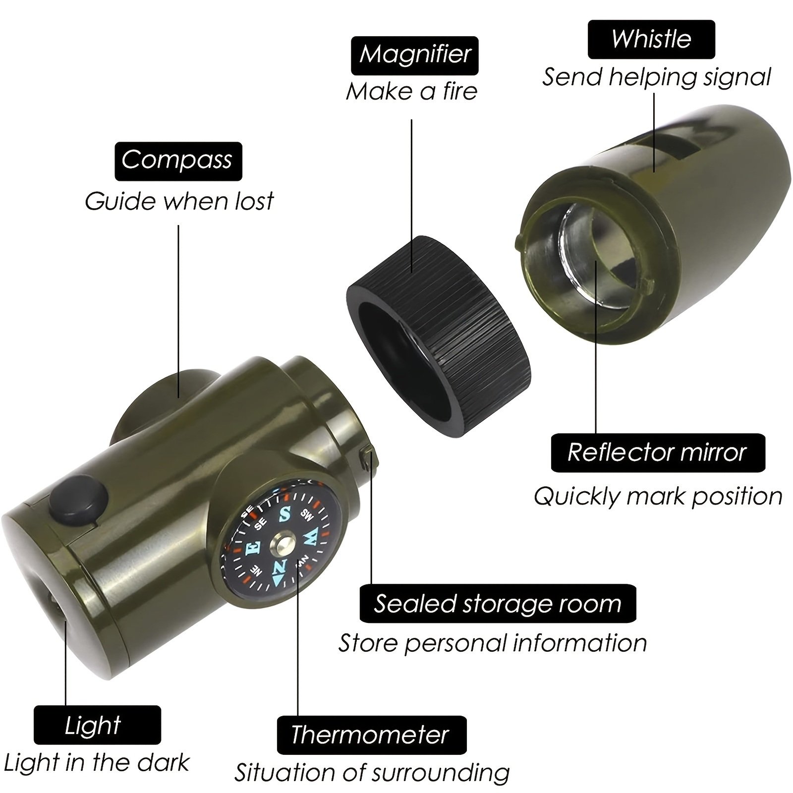 Orange 7-In-1 Survival Whistle With LED Flashlight And Compass