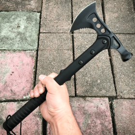 15" Battle Axe BLACK Hatchet Tomahawk Hammer Pin Tactical Fixed Blade (Color: Black)